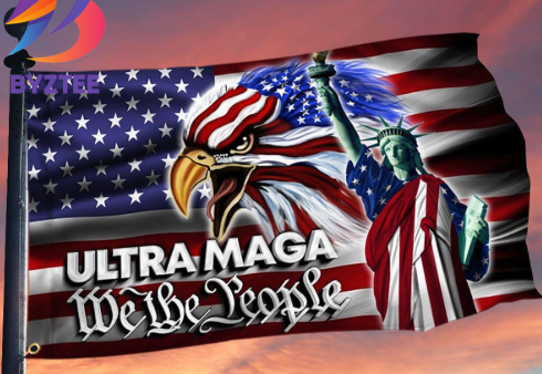 MAGA 지지층의 분열된 군중과 트럼프 정치 집회를 상징하는 이미지