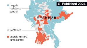 Myanmar conflict zone with airstrikes over rebel-held areas symbolizing military violence and political crisis