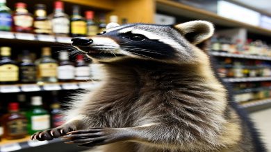 주류 상점 안에서 술에 취한 듯 잠든 너구리의 유쾌하면서도 황당한 모습