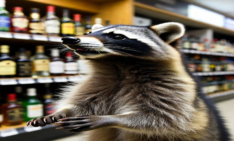 주류 상점 안에서 술에 취한 듯 잠든 너구리의 유쾌하면서도 황당한 모습