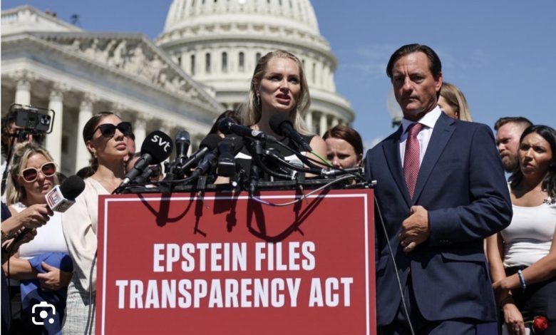 제프리 엡스타인 사건의 재점화를 상징하는 어두운 복도와 번져가는 문서 파일 이미지