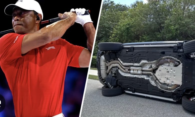 플로리다 전복사고 뒤 DUI 혐의로 체포된 타이거 우즈 관련 뉴스를 상징하는 골프 선수와 경찰차 이미지