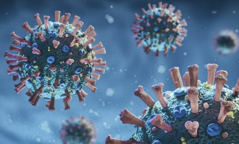 미국 전역 확산 조짐 속 코로나19 변이 BA.3.2 경계 이미지를 상징적으로 보여주는 바이러스 그래픽