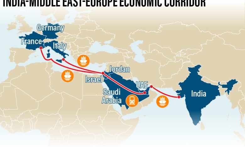 인도-중동-유럽 경제회랑(IMEC) 물류 경로 지도와 중동 해상 루트