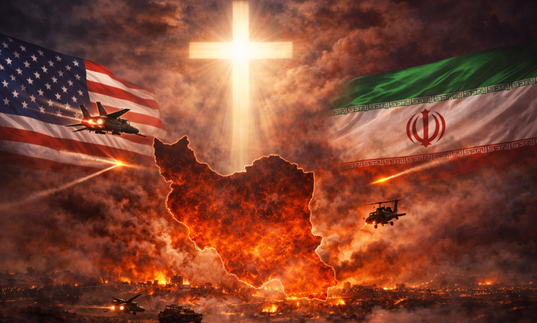 미국 군사력과 십자가 이미지가 겹쳐진 하늘 아래, 이란 지도 윤곽과 전장의 불빛이 충돌하는 상징적 장면