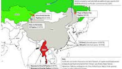 호르무즈 해협과 말라카 해협을 거쳐 중국으로 향하는 석유 수입 항로와 잠재적 봉쇄 지점.