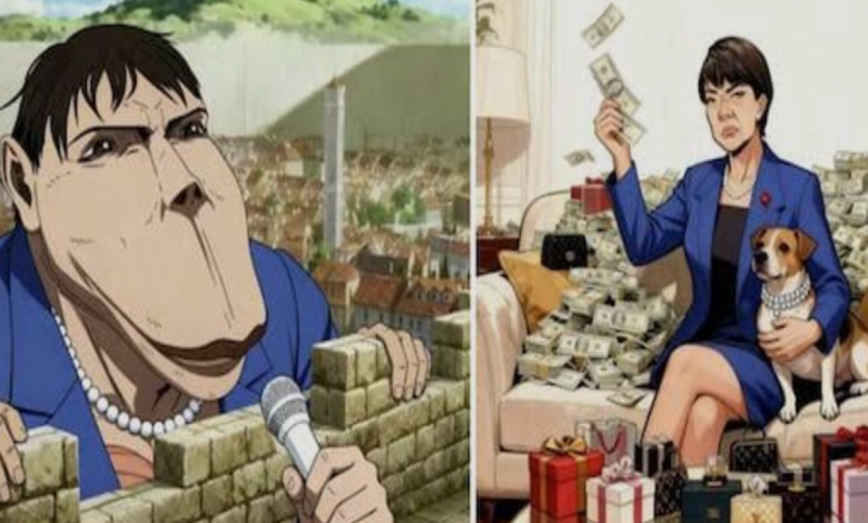 게임 캐릭터 스타일 그래픽과 정치 뉴스 화면 분위기가 겹쳐 보이며 정치의 밈화를 상징하는 디지털 이미지