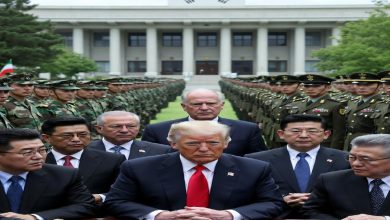 트럼프 회담과 한국 정부, 일본 군대, 이란 군사 긴장을 상징하는 이미지