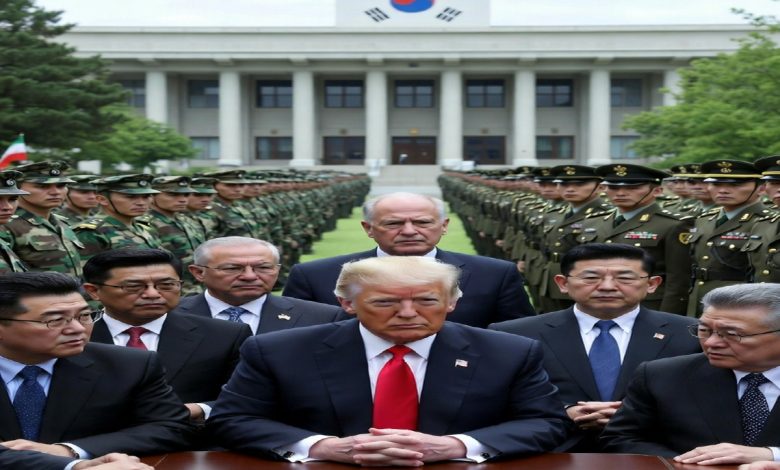 트럼프 회담과 한국 정부, 일본 군대, 이란 군사 긴장을 상징하는 이미지