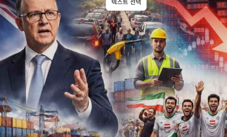 호주 주유소 앞 차량 행렬과 연료 부족 안내판을 배경으로 연료 사재기 불안을 상징하는 이미지