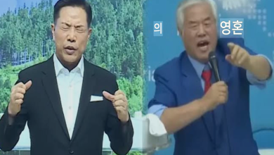 손현보와 전광훈을 상징하는 교회·광장 집회 이미지가 대비되며 보수 기독교 정치의 분화를 보여주는 장면