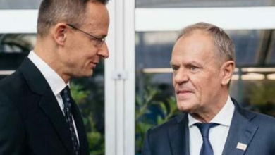 유럽연합 깃발과 헝가리 총리 빅토르 오르반, 러시아를 상징하는 배경이 겹쳐진 친러 첩보 의혹 이미지