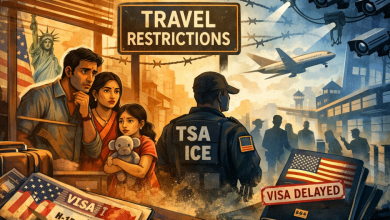 미국 비자 단속 공포를 악용한 사이버 협박 사기를 상징적으로 보여주는 이미지