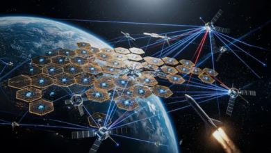 지구 궤도에 배치된 미래형 데이터센터 위성과 지구 야경을 함께 보여주는 콘셉트 이미지
