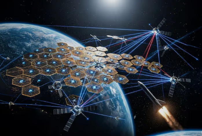 지구 궤도에 배치된 미래형 데이터센터 위성과 지구 야경을 함께 보여주는 콘셉트 이미지