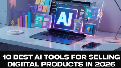 프롬프트 번들, 템플릿, 전자책, 디자인 파일 등 AI 기반 디지털 상품이 온라인 스토어에 진열된 모습의 개념 이미지