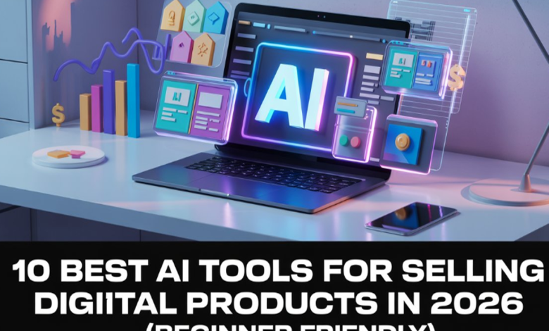 프롬프트 번들, 템플릿, 전자책, 디자인 파일 등 AI 기반 디지털 상품이 온라인 스토어에 진열된 모습의 개념 이미지