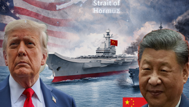 트럼프 대통령이 호르무즈 해협 개방과 중국의 대이란 무기 지원 중단을 주장하며 중동 질서 재편을 압박하는 국제정치 분석 이미지