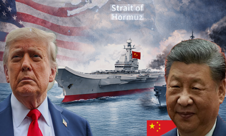 트럼프 대통령이 호르무즈 해협 개방과 중국의 대이란 무기 지원 중단을 주장하며 중동 질서 재편을 압박하는 국제정치 분석 이미지