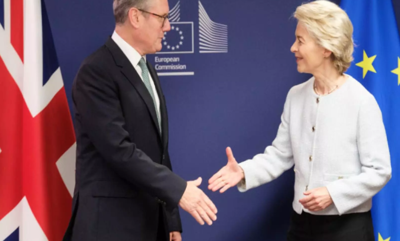 런던 시티 스카이라인과 유럽연합 깃발, 파운드 기호가 겹쳐 보이는 이미지로 영국의 금융주권 논란과 EU 재접근을 상징