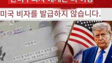 미국 국무부 청사와 성조기 앞에 선 경계 인력의 실루엣, 비자와 영주권 심사 강화의 상징 이미지