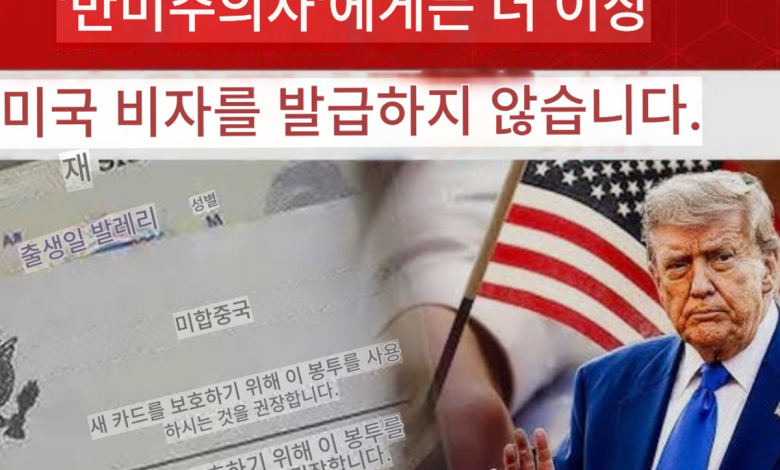 미국 국무부 청사와 성조기 앞에 선 경계 인력의 실루엣, 비자와 영주권 심사 강화의 상징 이미지