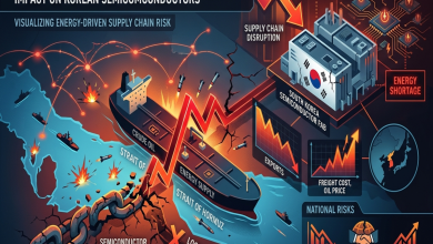 호르무즈 해협 차단 위기와 한국 반도체 산업 충격을 상징하는 반도체 웨이퍼와 중동 원유 수송로 이미지