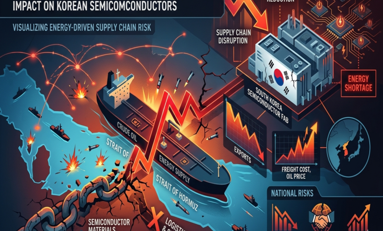 호르무즈 해협 차단 위기와 한국 반도체 산업 충격을 상징하는 반도체 웨이퍼와 중동 원유 수송로 이미지