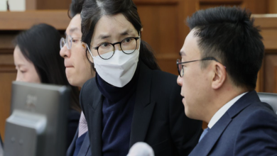 김건희 여사가 법정 증언대에서 증언거부권을 행사한 장면을 상징적으로 표현한 정치 분석 이미지