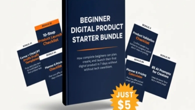 프롬프트 번들, 템플릿 세트, 미니 가이드 PDF가 스타터 번들 형태로 정리된 AI 디지털 상품 시작 이미지