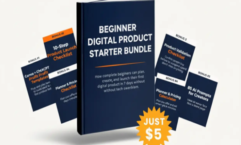프롬프트 번들, 템플릿 세트, 미니 가이드 PDF가 스타터 번들 형태로 정리된 AI 디지털 상품 시작 이미지