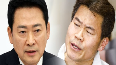 국민의힘 당사 앞과 윤어게인 성향 집회 이미지를 겹쳐 보여주는 장면, 보수층 분열과 탈당 후폭풍을 상징