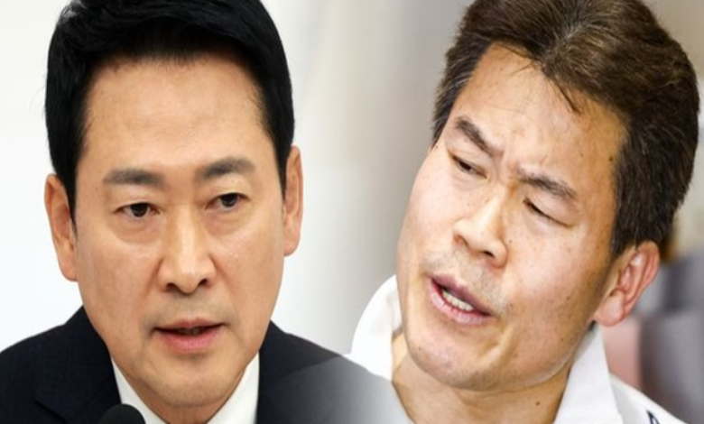 국민의힘 당사 앞과 윤어게인 성향 집회 이미지를 겹쳐 보여주는 장면, 보수층 분열과 탈당 후폭풍을 상징