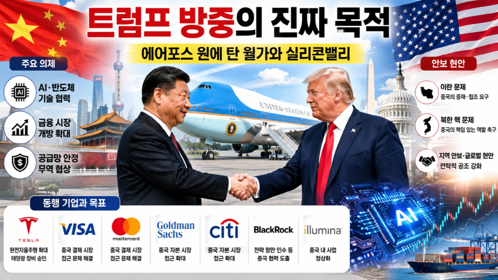 트럼프 대통령과 시진핑 주석, 그리고 에어포스 원과 AI·금융 기업 상징 이미지가 결합된 미중 전략 회담 콘셉트