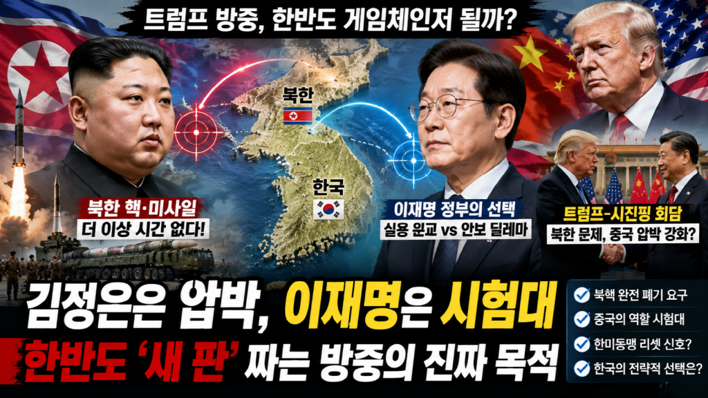 트럼프·김정은·이재명과 한반도 지도가 등장하는 미중 안보 전략 뉴스 이미지