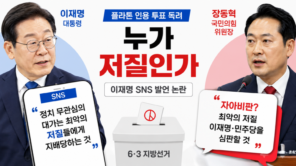 이재명 대통령의 플라톤 인용 SNS와 장동혁 국민의힘 위원장의 자아비판 역공 논란을 상징한 정치 뉴스 이미지