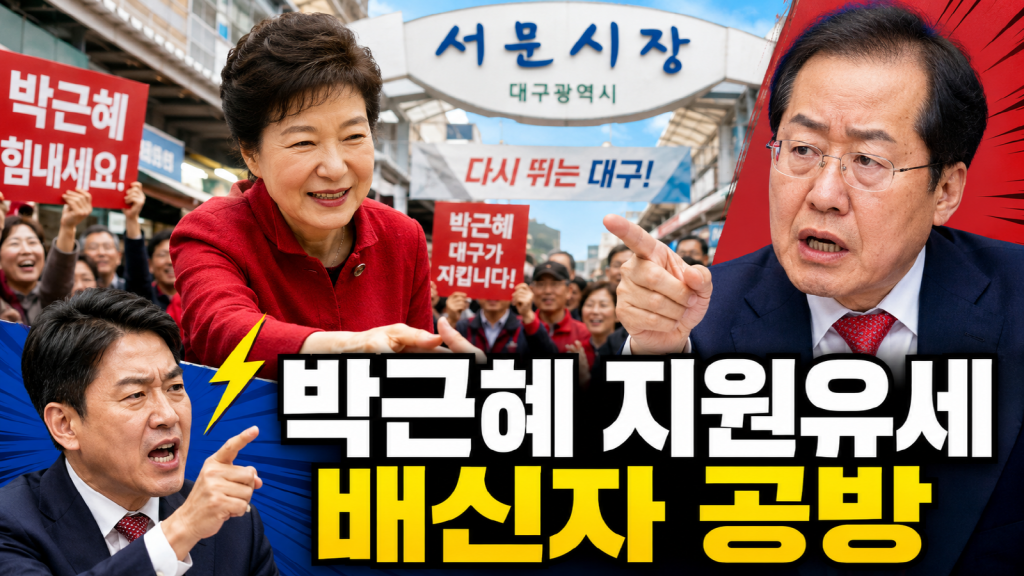 박근혜 전 대통령의 대구 지원 유세 이후 홍준표 전 시장과 유영하 의원이 충돌한 대구시장 선거 정국을 상징한 이미지