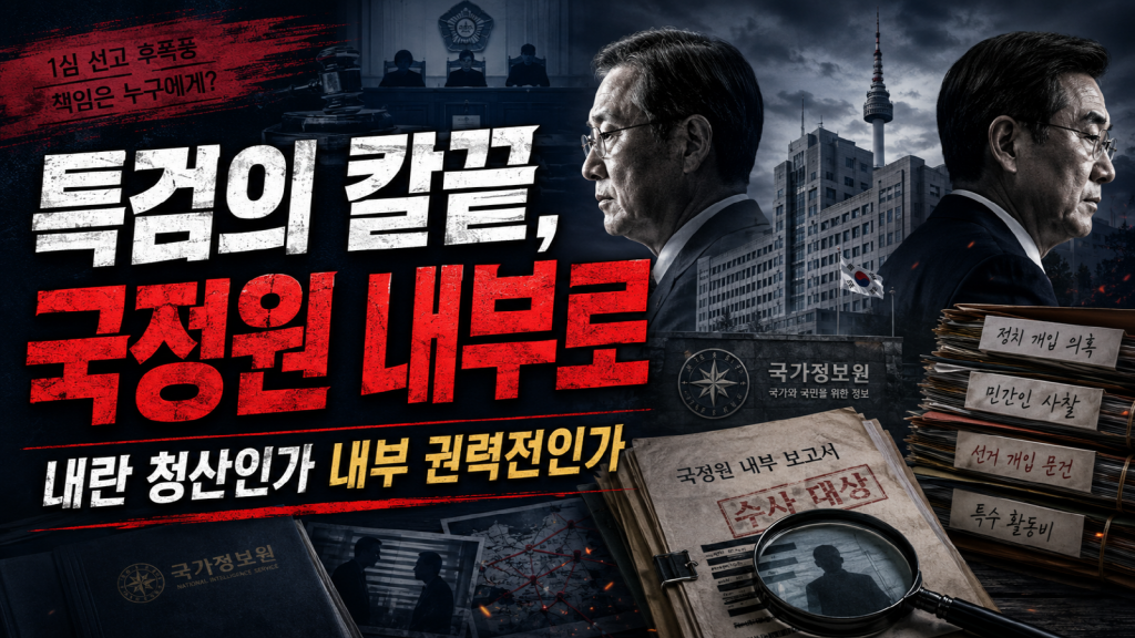 홍장원 전 국정원 1차장 입건 논란을 상징하는 국정원 건물 실루엣과 특검 수사 문서, CIA·비상계엄 키워드가 겹쳐진 시사 썸네일