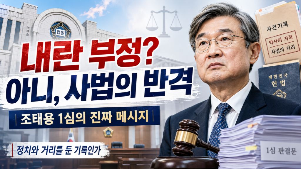 조태용 1심 판결의 정치적 파장과 사법부의 거리두기를 상징적으로 보여주는 법원, 판결문, 어두운 배경의 시사 썸네일 이미지