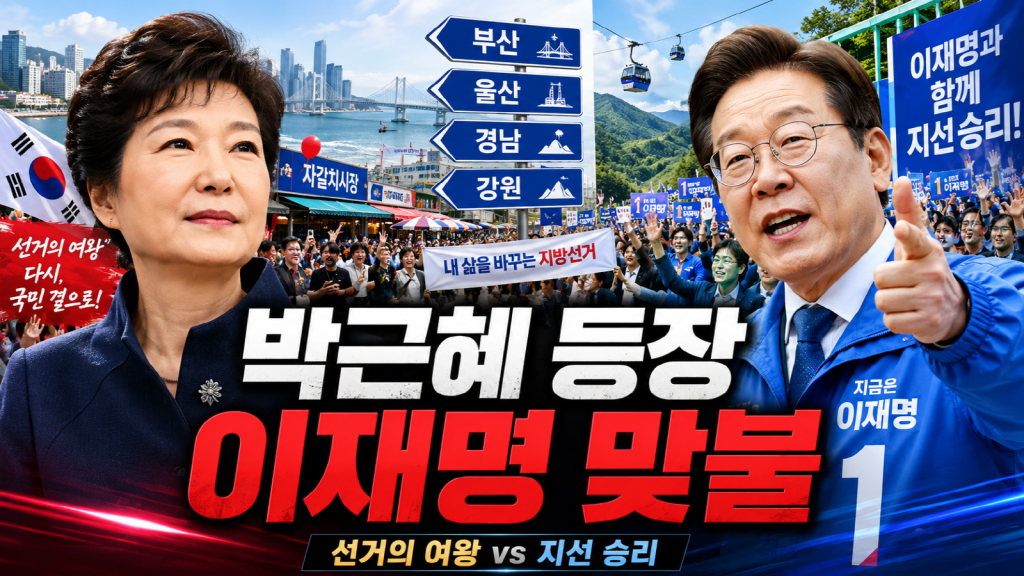 박근혜 전 대통령과 이재명 대통령의 지방선거 현장 행보를 상징하는 부산 시장과 선거 유세 이미지