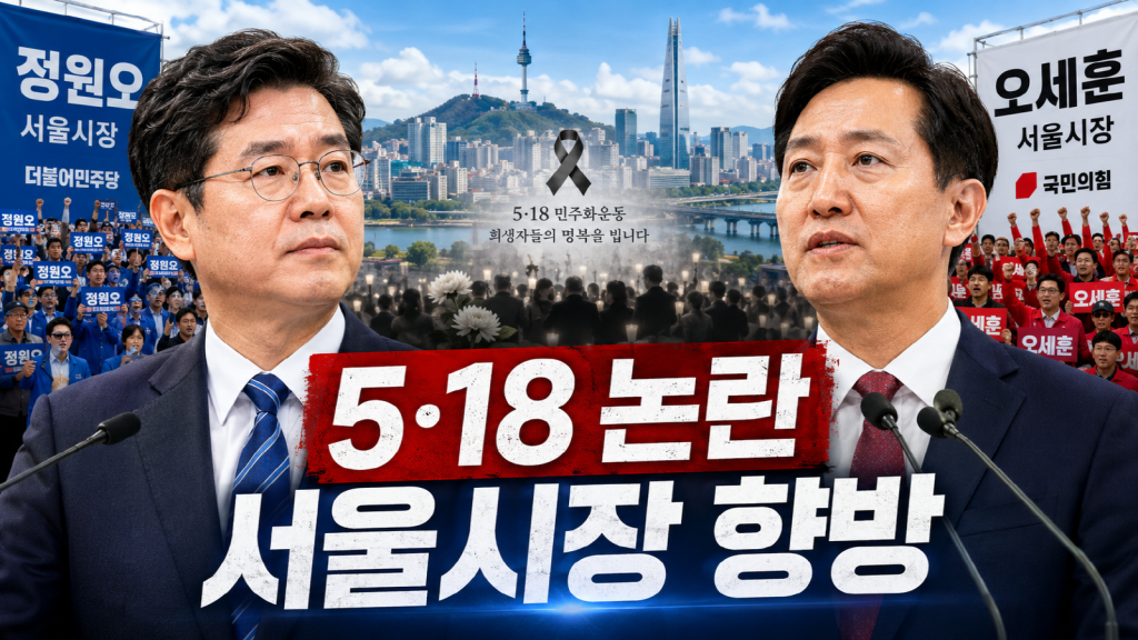 정원오와 오세훈 서울시장 후보의 선거전과 5·18 논란을 상징하는 서울 도심 선거 이미지