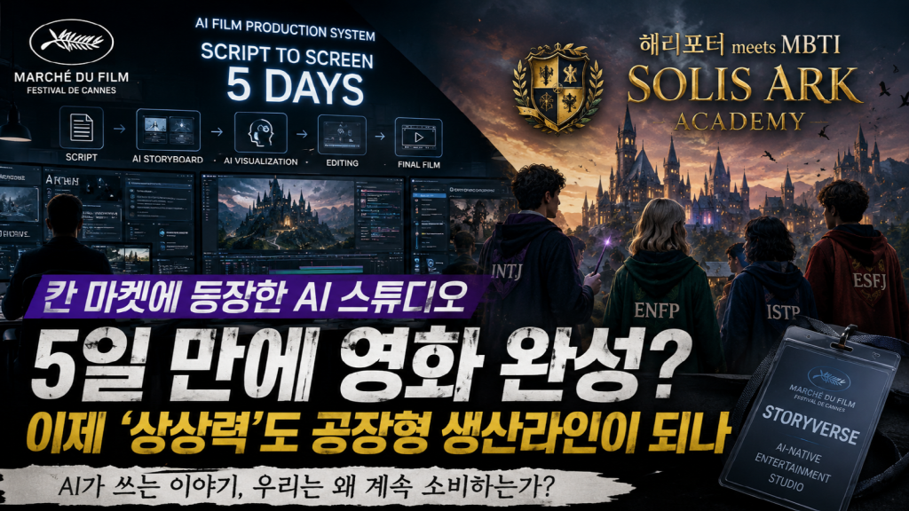 AI 기반 영화 제작 시스템과 칸 영화제 시장 풍경을 상징적으로 표현한 미래형 콘텐츠 산업 이미지