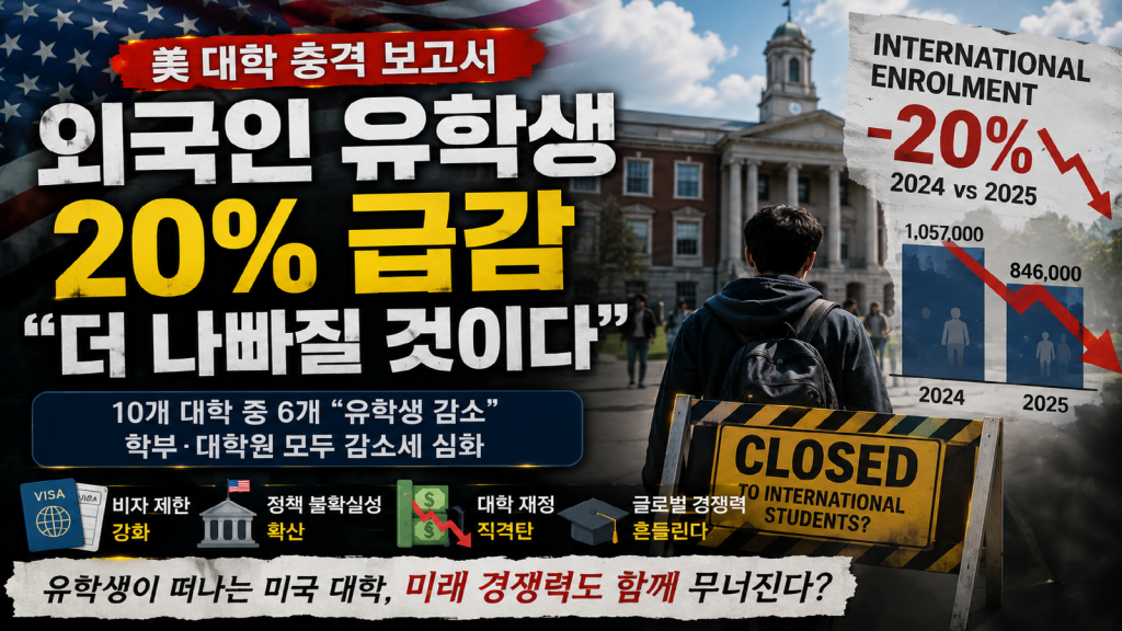 외국인 학생 감소와 미국 대학 위기를 상징적으로 표현한 16대9 썸네일 이미지