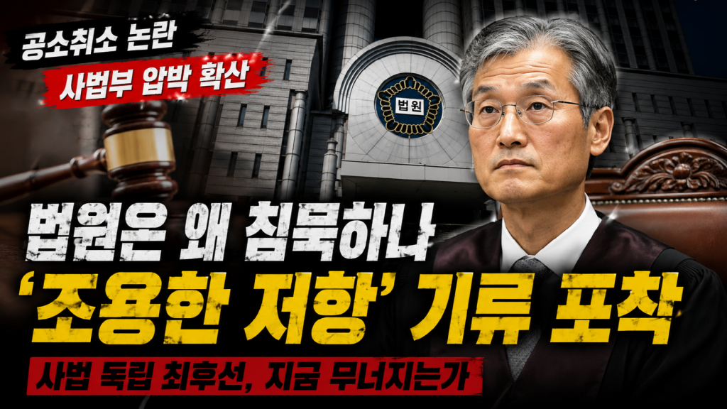 어두운 법원 복도와 대법원 상징물 배경 속에서 사법부 압박과 공소취소 논란을 상징적으로 표현한 정치·사법 분석 이미지
