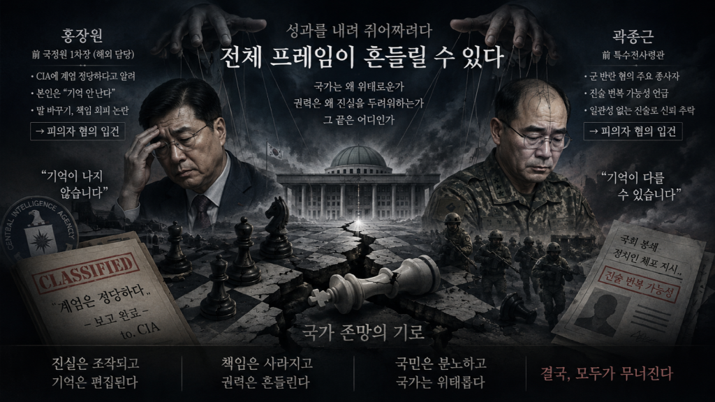 종합특검 수사를 상징하는 법정과 군사 문서, 정보기관 그림자가 겹친 16대9 정치 논평 썸네일