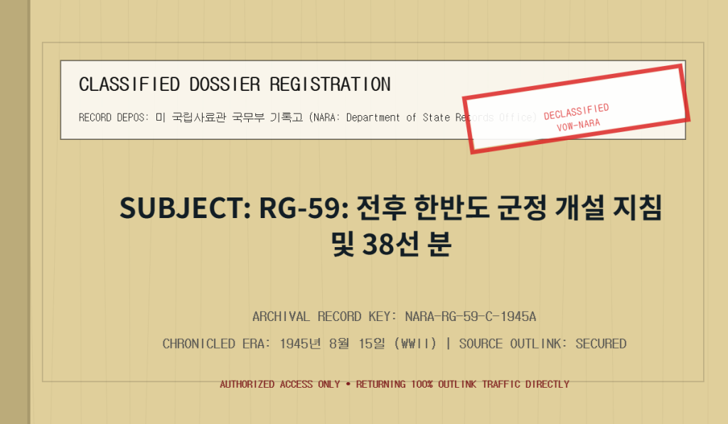 NARA RG-59: 전후 한반도 군정 개설 지침 및 38선 분할 미 육군 극비 전투명령서 (General Order No. 1) 기밀해제 고문서 아카이브 폴더 표지 실사 인포그래픽