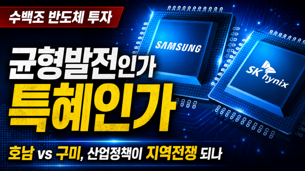 호남과 구미의 반도체 투자 경쟁, 수백조 원 투자와 정부 지원 논란을 상징적으로 표현한 뉴스 썸네일