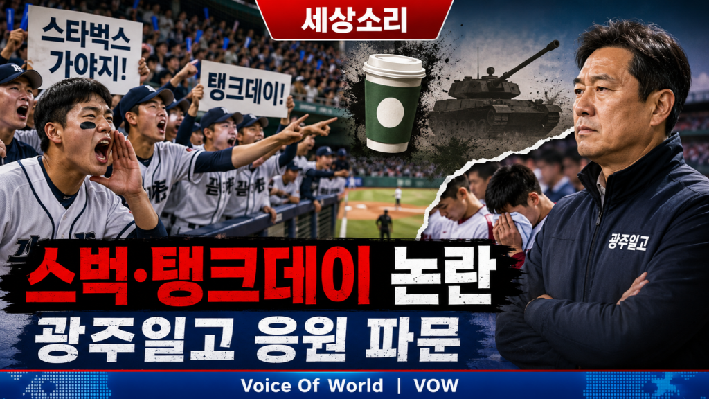 청룡기 고교야구 경기장 더그아웃과 ‘스타벅스 가야지·탱크데이’ 응원 논란, 광주와 5·18을 둘러싼 사회적 갈등을 상징적으로 표현한 뉴스 이미지
