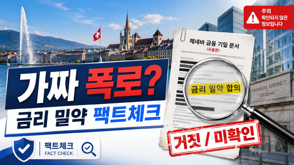 스위스 제네바 금리 밀약 폭로 주장에 대한 금융 음모론 팩트체크를 상징한 이미지