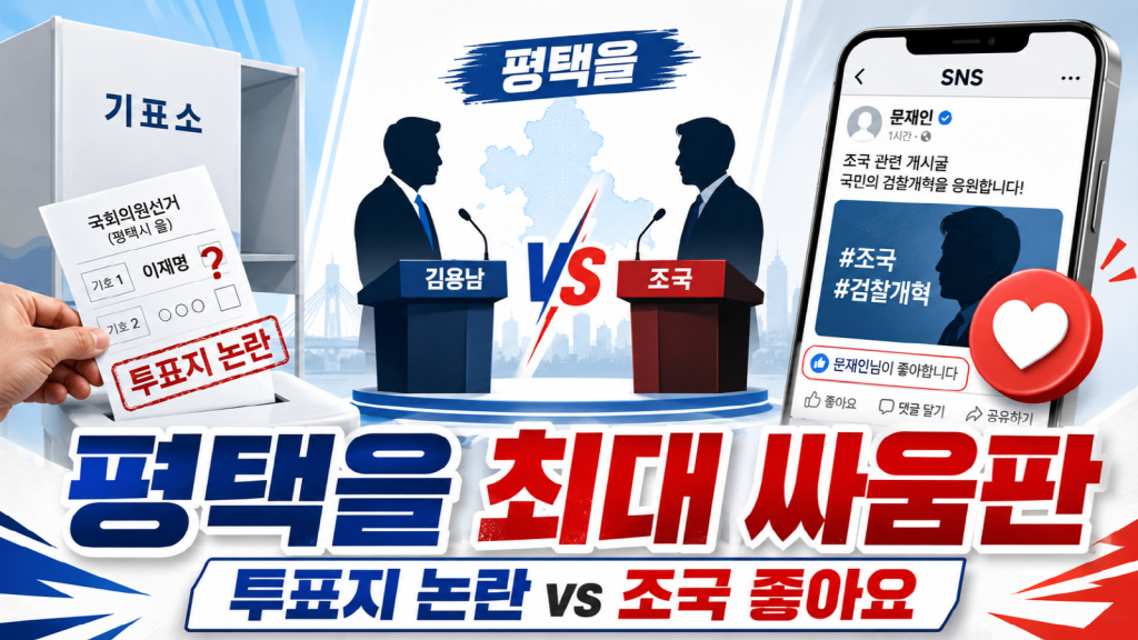 이재명 대통령의 투표지 논란과 문재인 전 대통령의 조국 좋아요 논란, 평택을 김용남 대 조국 대결을 상징한 정치 뉴스 이미지